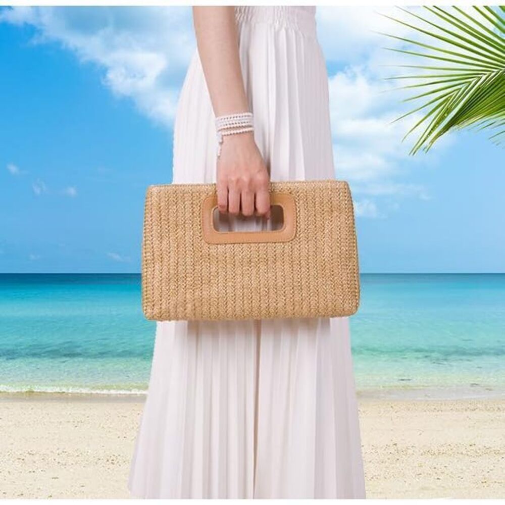 7449 Straw Purse Top Handle Clutch Bag, Woven Beach Shoulder Crossbody Bag - Picture 4 of 8